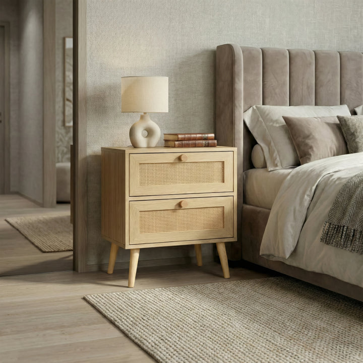 [Oak] Wovena rattan bedside placed next to a grey upholstered bed with lamp and books on top