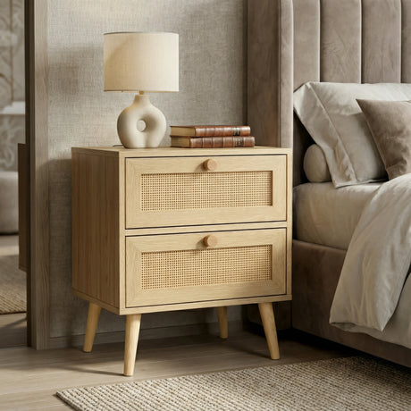 [Oak] Wovena 2 drawer bedside table side angle showing rattan mesh drawer fronts and warm oak finish