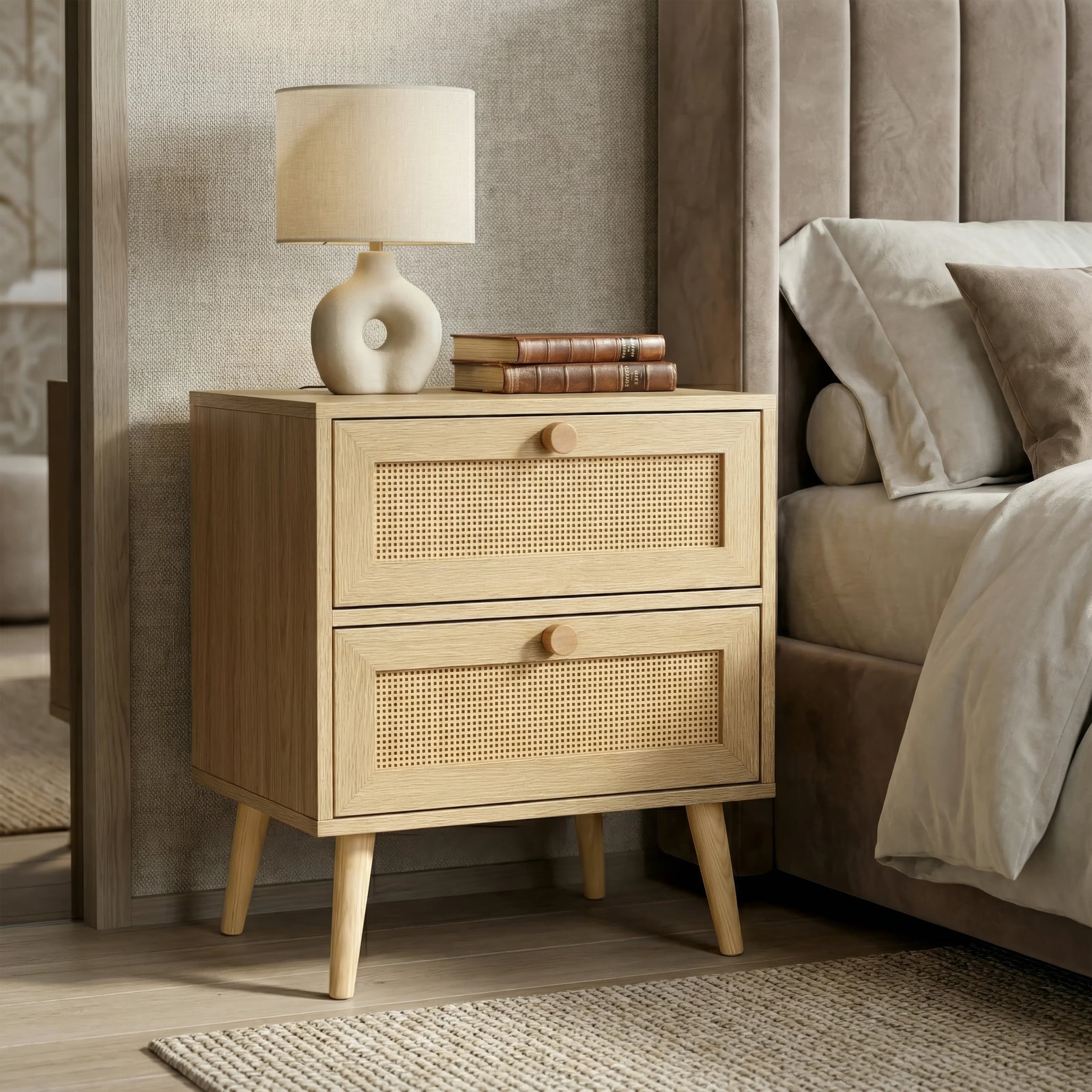 [Oak] Wovena rattan bedside angled three-quarter view, two cane drawers with round knobs and splayed legs