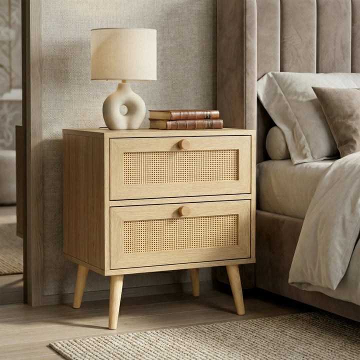 [Oak] Wovena rattan bedside angled three-quarter view, two cane drawers with round knobs and splayed legs