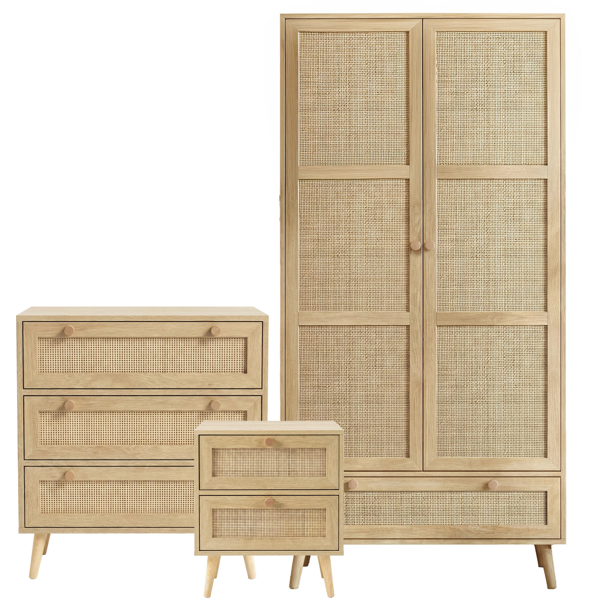 [Oak Effect] Wovena 3-piece bedroom set cutout showing wardrobe, three-drawer chest, and bedside table with rattan panels