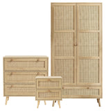 [Oak Effect] Wovena 3-piece bedroom set cutout showing wardrobe, three-drawer chest, and bedside table with rattan panels
