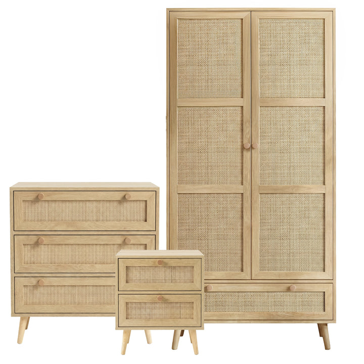 [Oak Effect] Wovena rattan bedroom furniture set with wardrobe, chest of drawers and bedside in oak effect on rug