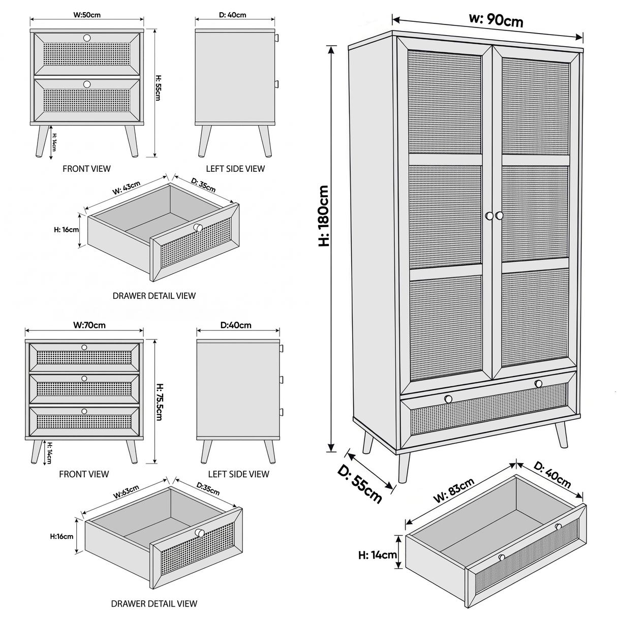 [Oak Effect] Wovena 3-piece set dimensions: wardrobe 90x55x180cm, four-drawer chest 70x40x95cm, bedside table 50x40x55cm