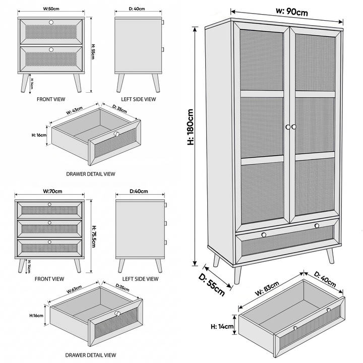 [Oak Effect] Wovena rattan bedroom furniture set: wardrobe 90 x 55 x 180, chest 70 x 40 x 75.5, bedside 50 x 40 x 55