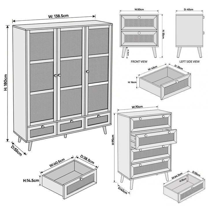 [Oak Effect] Wovena rattan bedroom furniture set: wardrobe 138.5x50x180, chest 70x40x95, bedside 40x35x50 cm