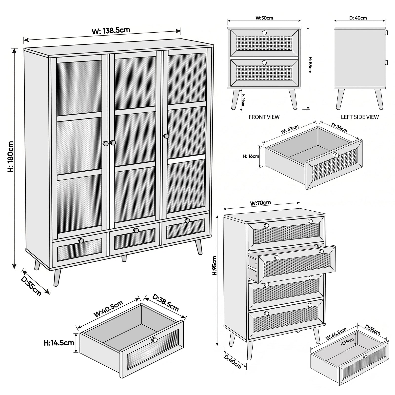 [Oak Effect] Wovena rattan bedroom furniture set: wardrobe 138.5x50x180, chest 70x40x95, bedside 40x35x50 cm