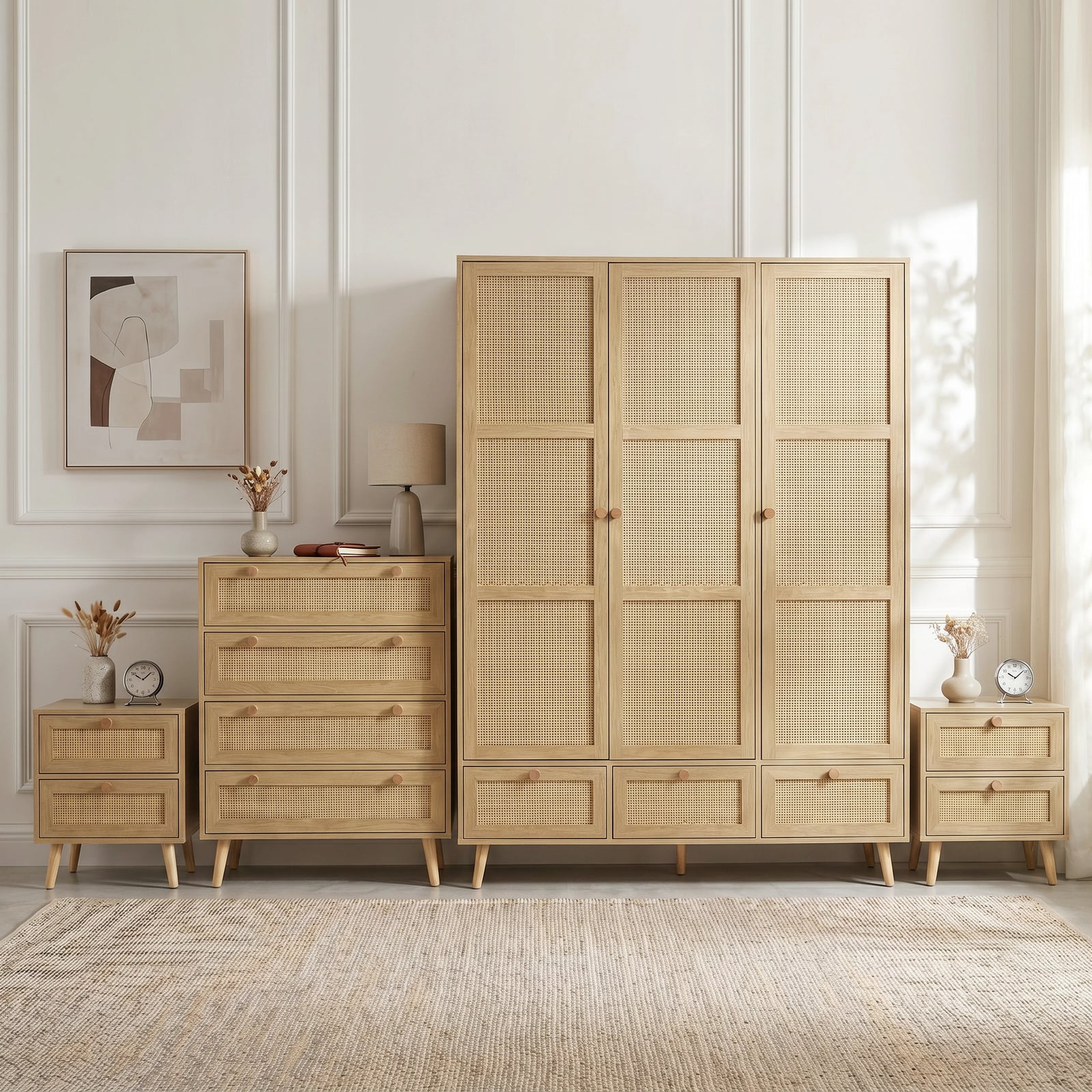[Oak Effect] Wovena rattan bedroom furniture set: wardrobe, 4 drawer chest and two bedsides in panelled room