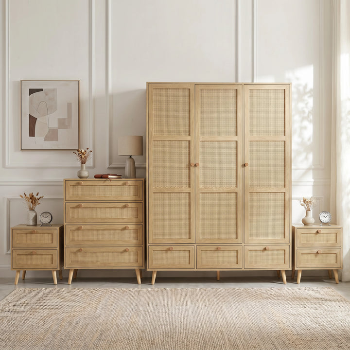 [Oak Effect] Wovena rattan bedroom furniture set: wardrobe, 4 drawer chest and two bedsides in panelled room