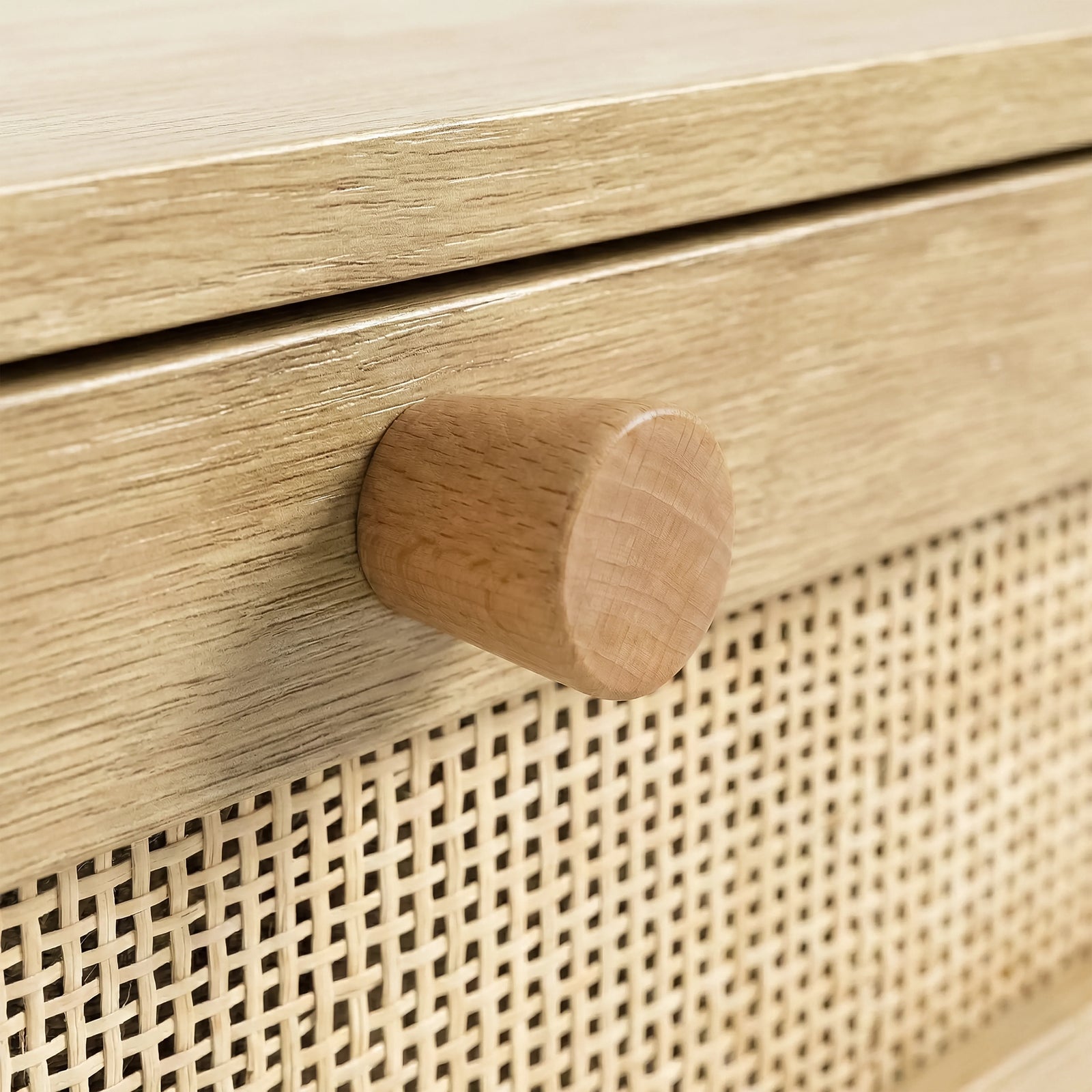 [Oak] Wovena rattan bedside detail of cylindrical pine knob and tight rattan weave pattern