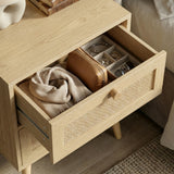 [Oak Effect] Wovena bedside table top drawer open at angle showing scarf, jewellery pouch, sunglasses, and rattan drawer front