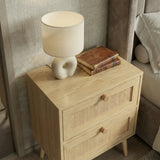 [Oak] Wovena rattan bedside top surface with ceramic lamp and two leather books for scale