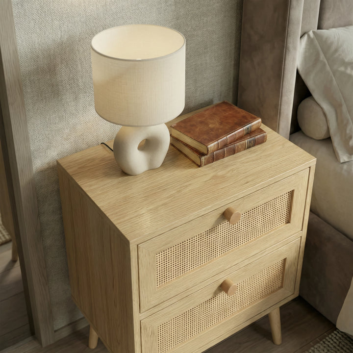 [Oak] Wovena rattan bedside top surface with ceramic lamp and two leather books for scale