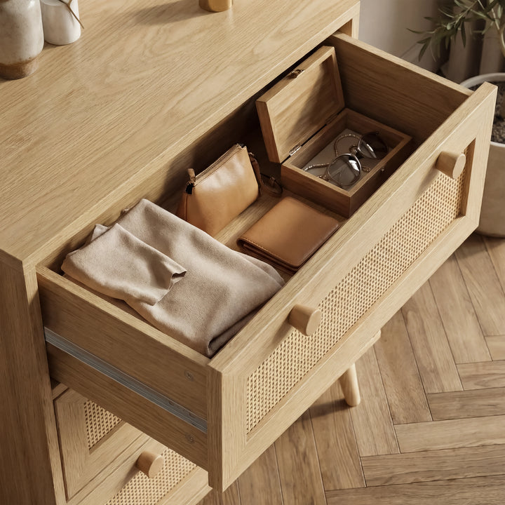 [Oak Effect] Open drawer of Wovena rattan bedroom furniture set bedside cabinet on metal runners