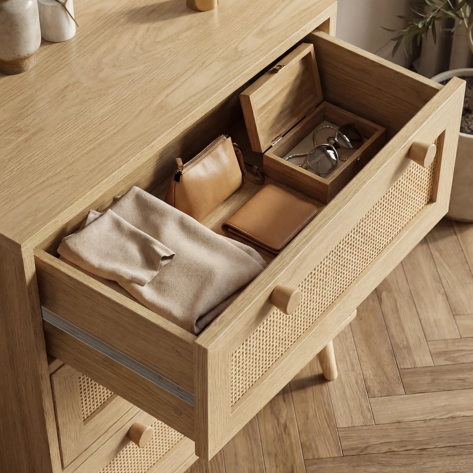 [Oak Effect] Open drawer of Wovena rattan bedroom furniture set bedside cabinet on metal runners