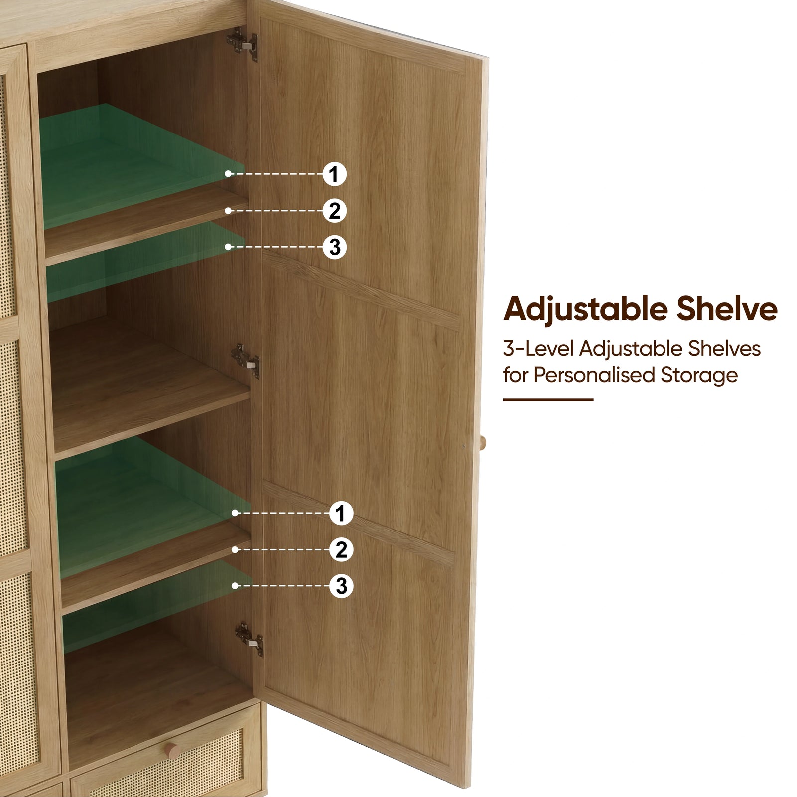 [Oak Effect] Wovena rattan wardrobe feature image: 3-Level Adjustable Shelves annotation with numbered peg positions on walls