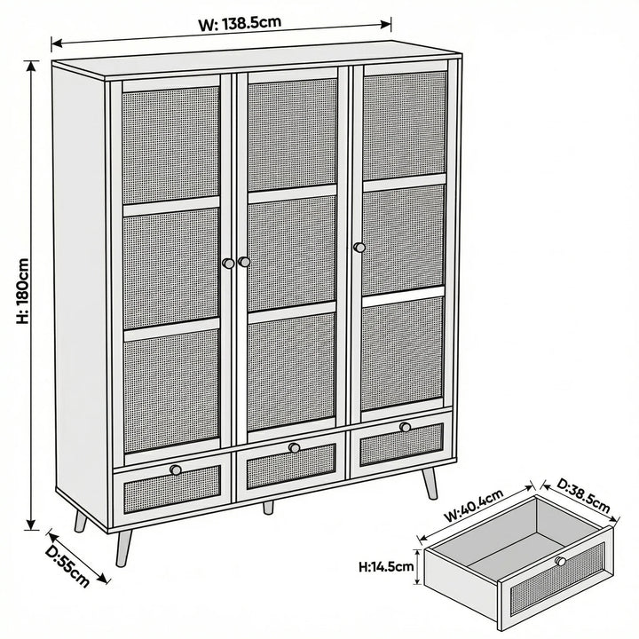 [Oak Effect] Wovena rattan 3 door wardrobe dimensions: 138.5 cm wide, 180 cm high, 55 cm deep with drawer 40.4 x 38.5 x 14.5