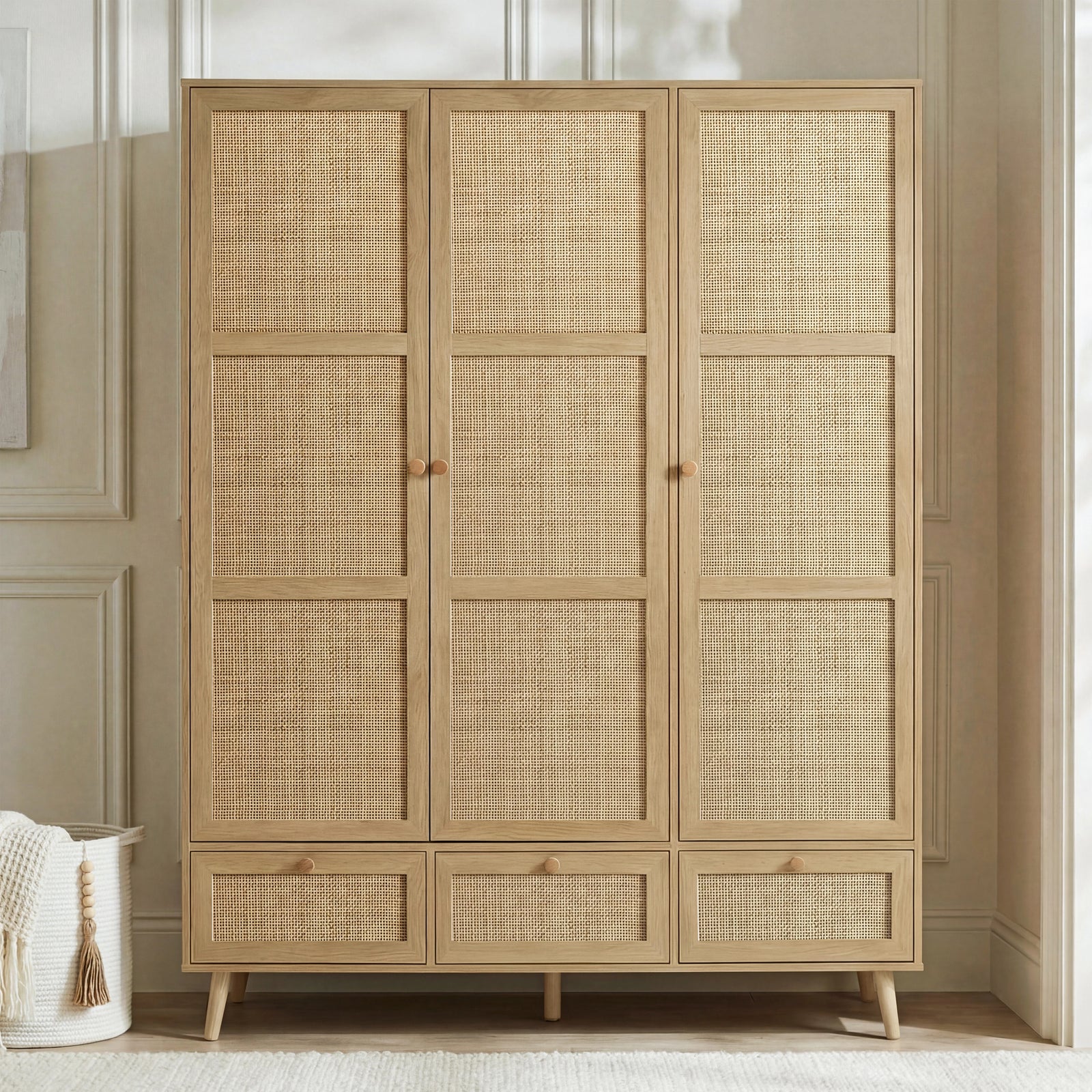 [Oak Effect] Wovena rattan wardrobe straight-on lifestyle shot with cream knit blanket draped on stool to its left