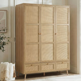 [Oak Effect] Wovena rattan wardrobe three-quarter angle, three rattan-mesh doors closed with small wooden knob handles