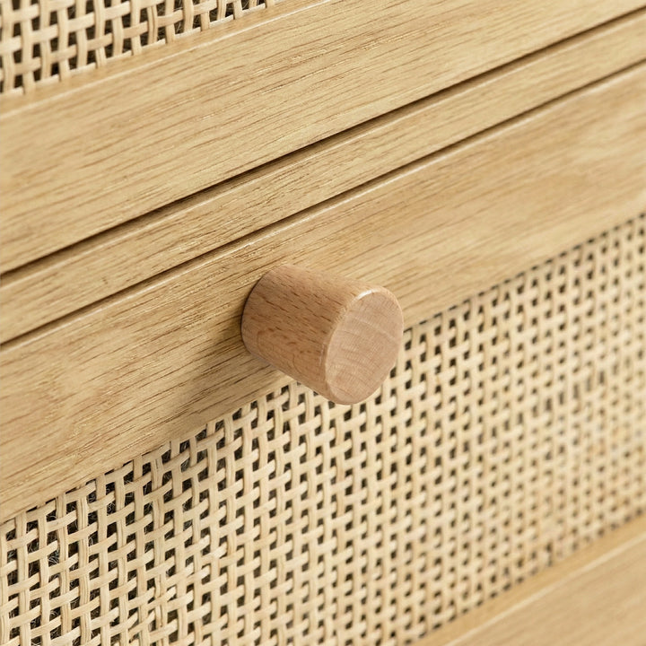 [Oak Effect] Wovena rattan wardrobe detail of natural rattan mesh against the upper drawer's wood grain surface