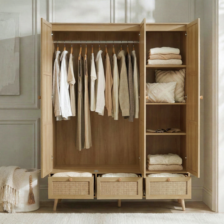 [Oak Effect] Wovena rattan wardrobe open showing clothes on metal rail and three woven rattan drawers along the base