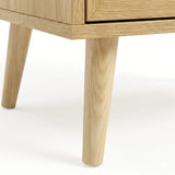 [Oak Effect] Wovena rattan wardrobe lower-corner shot of slim angled wooden legs supporting the oak-effect frame