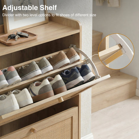 [Oak] Wovena shoe cabinet upper flip drawer open showing adjustable two-level shelf divider holding a row of trainers and sneakers with close-up inset detail