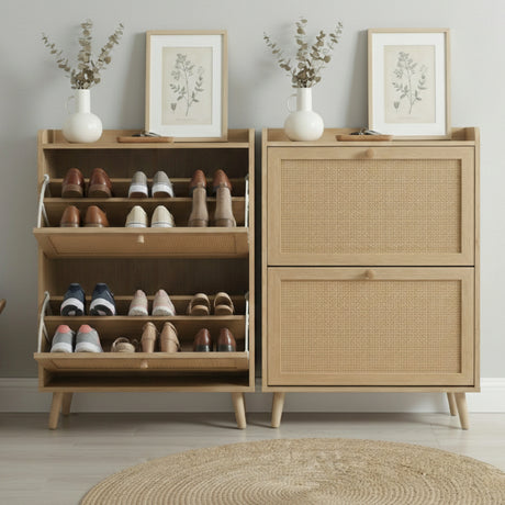 [Oak] Wovena shoe cabinet shown side by side, left unit open displaying heels and flats on tiered shelves and right unit closed with rattan panel doors