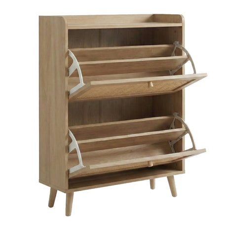 [Oak] Wovena shoe cabinet on white background with both flip drawers fully open, showing internal shelf structure, metal hinge arms, and rattan door panels