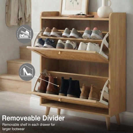 [Oak] Wovena shoe cabinet open drawers showing removable shelf divider feature for storing both flat sneakers and taller ankle boots in each compartment