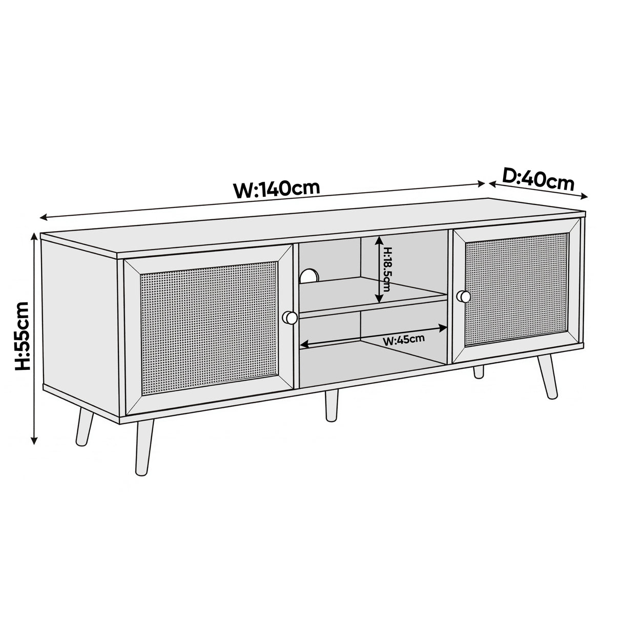 [Oak] Wovena dimension diagram showing W 140cm, D 40cm, H 55cm, and open shelf W 45cm by H 18.5cm measurements