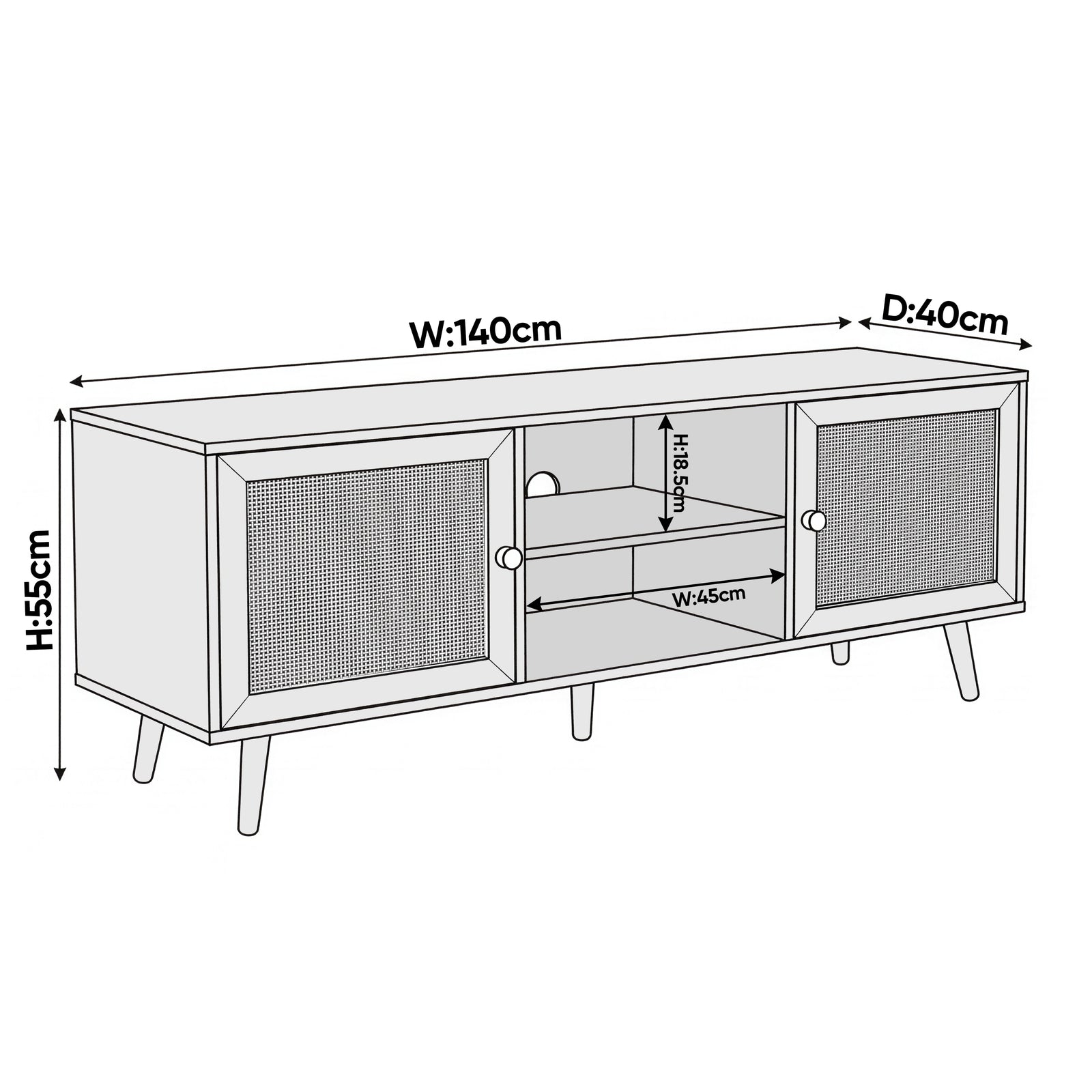 [Oak] Wovena dimension diagram showing W 140cm, D 40cm, H 55cm, and open shelf W 45cm by H 18.5cm measurements
