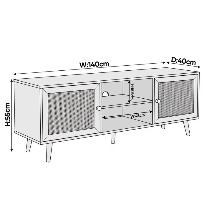 [Oak] Wovena dimension diagram showing W 140cm, D 40cm, H 55cm, and open shelf W 45cm by H 18.5cm measurements