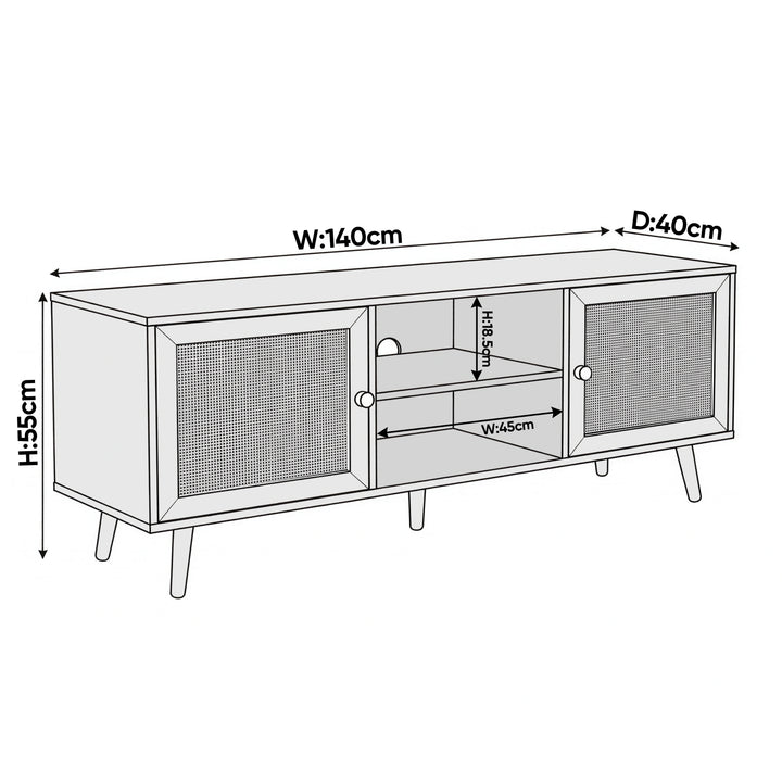 [Oak] Wovena dimension diagram showing W 140cm, D 40cm, H 55cm, and open shelf W 45cm by H 18.5cm measurements