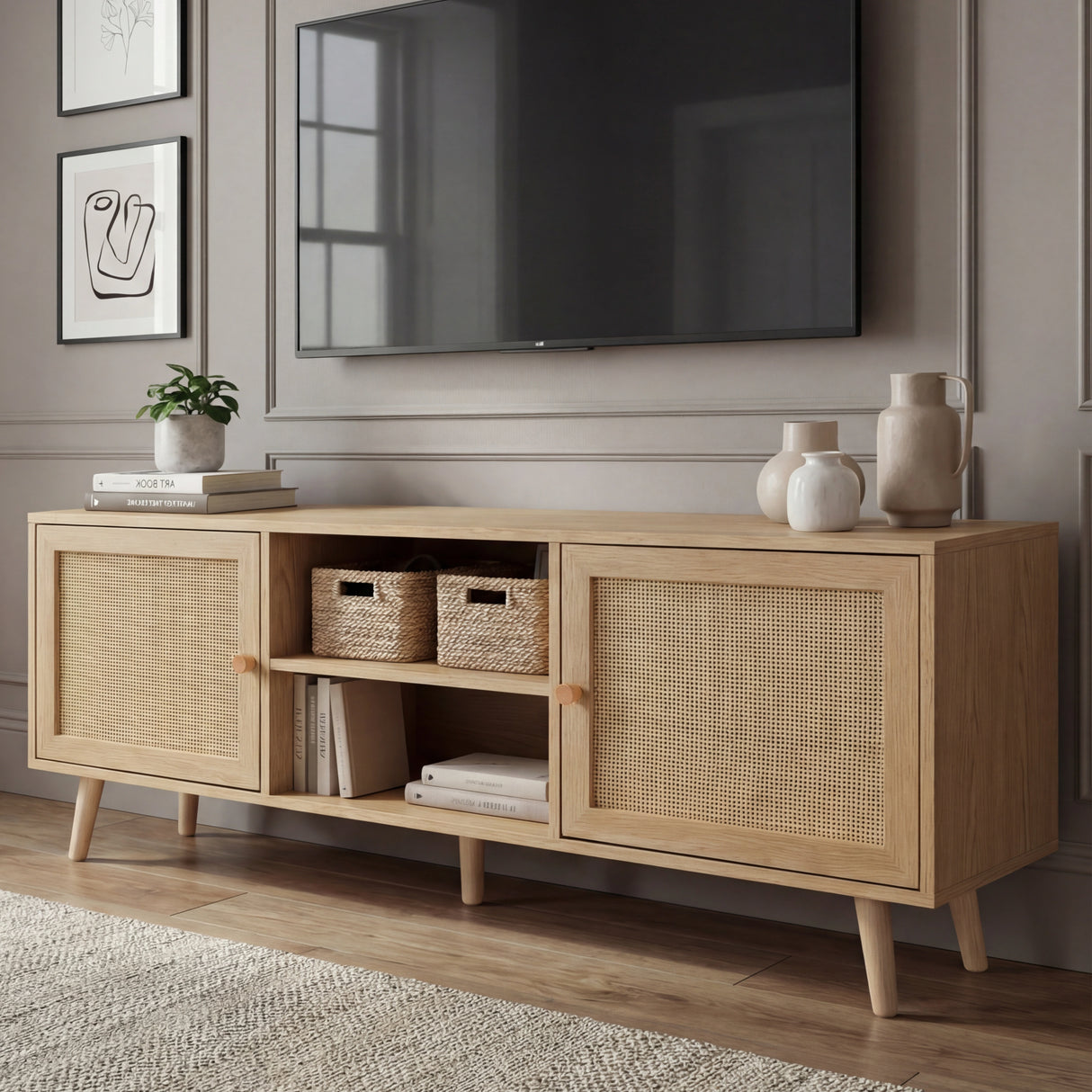 [Oak] Wovena lifestyle angle with potted plant, ceramic vases, and woven baskets beneath a TV on grey panelled wall