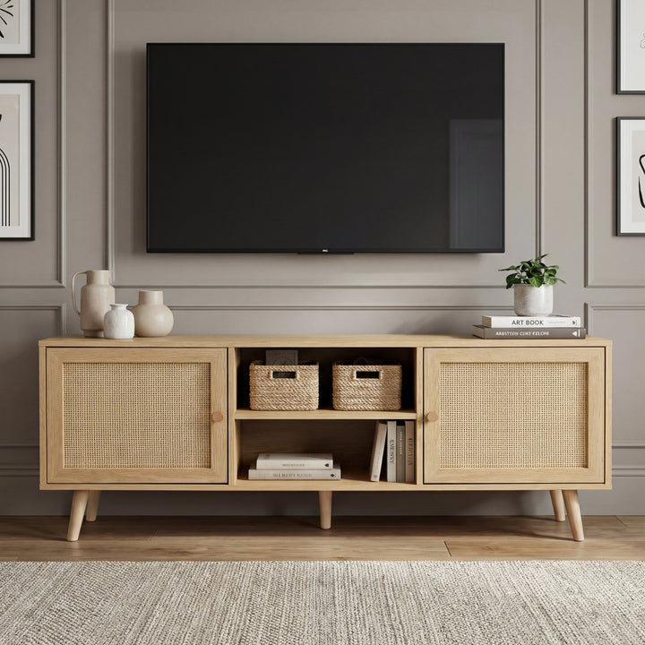 [Oak] Wovena lifestyle front view with ceramic vases, woven baskets, and framed art beneath a TV on grey panelled wall