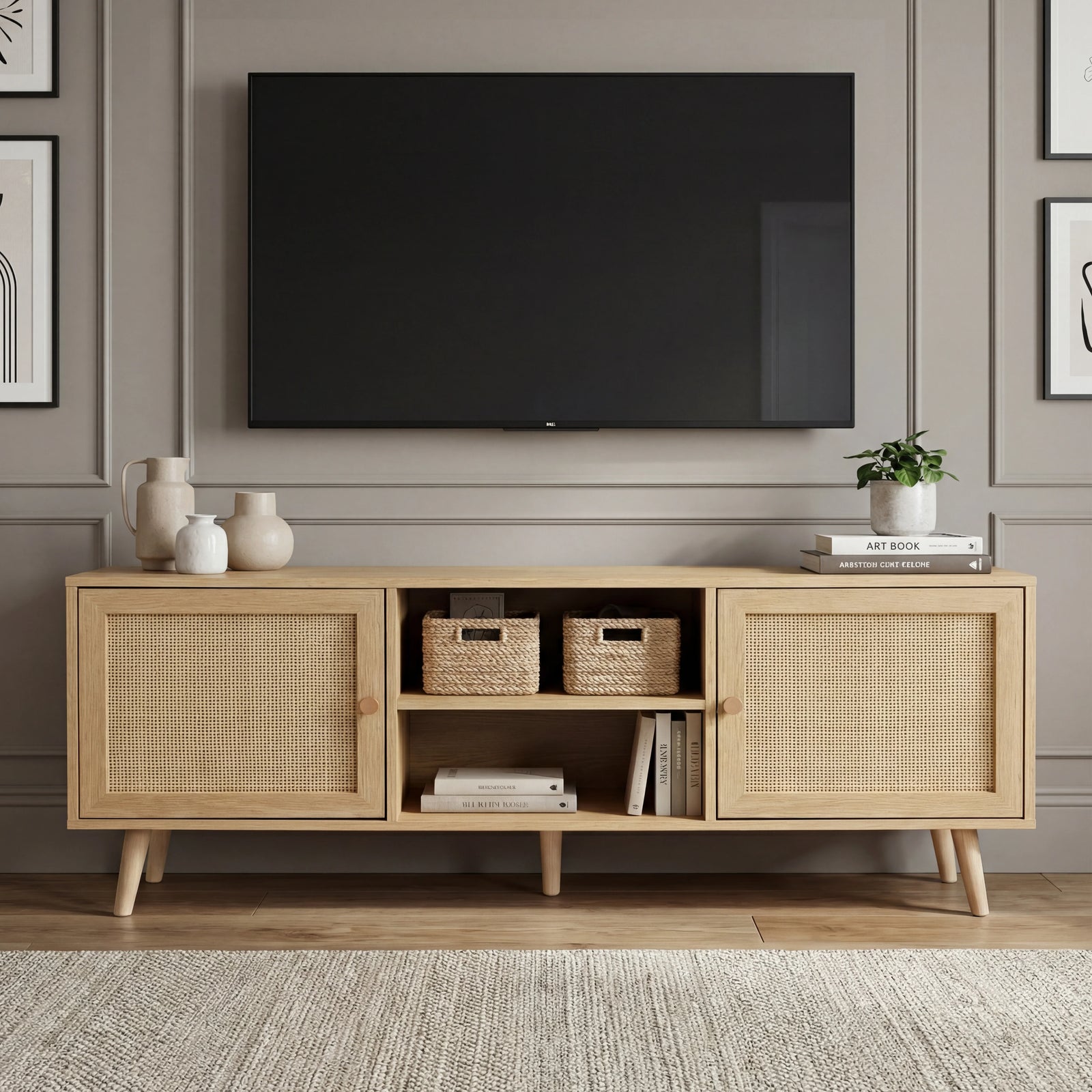 [Oak] Wovena lifestyle front view with ceramic vases, woven baskets, and framed art beneath a TV on grey panelled wall