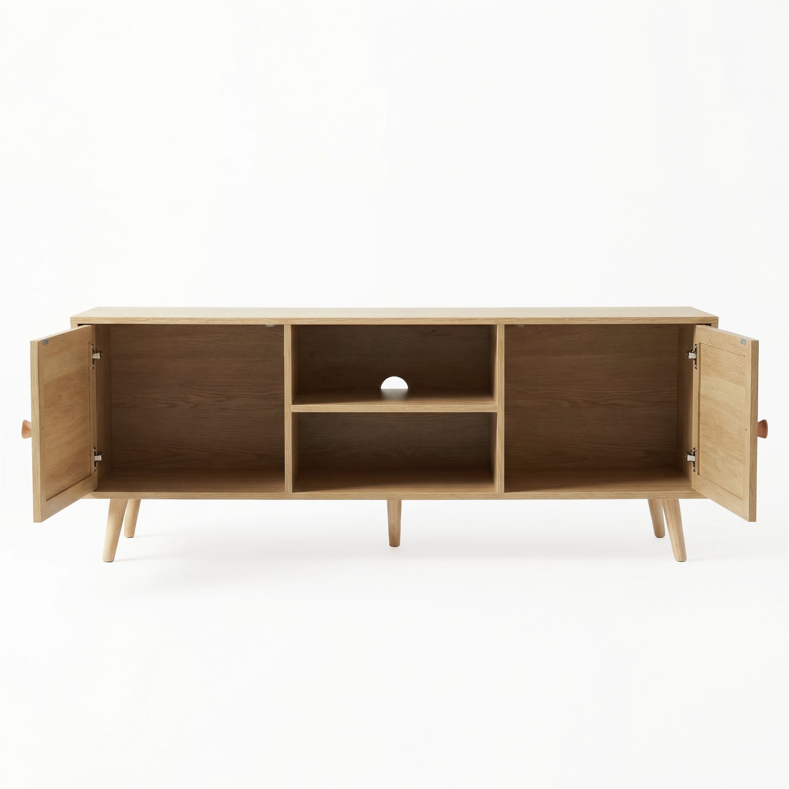 [Oak] Wovena open storage view with both rattan doors swung open, showing internal shelves, cable hole, and oak legs