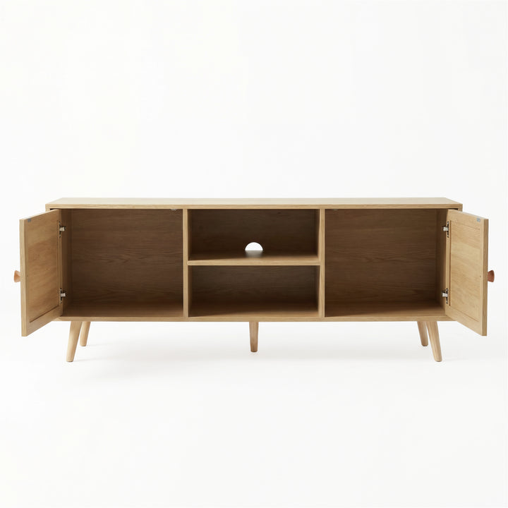 [Oak] Wovena open storage view with both rattan doors swung open, showing internal shelves, cable hole, and oak legs