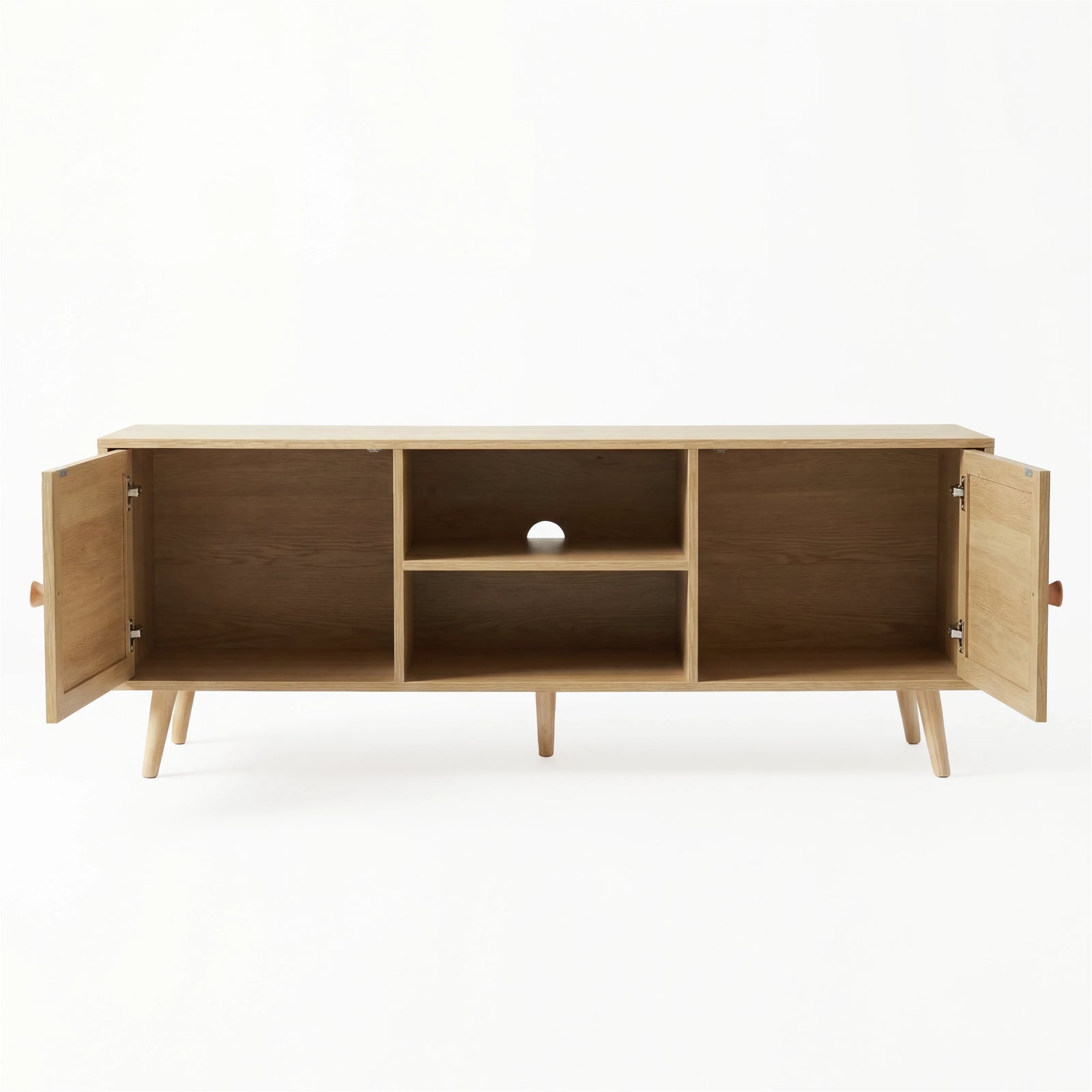 [Oak] Wovena open storage view with both rattan doors swung open, showing internal shelves, cable hole, and oak legs
