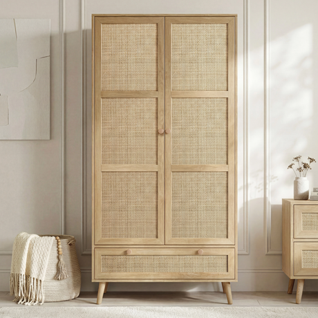 [Oak] Wovena 2 door rattan wardrobe with cane mesh panels and bottom drawer styled beside matching 2 drawer chest