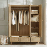 [Oak Effect] Open Wovena rattan bedroom furniture set wardrobe, hung clothing left and folded knitwear right