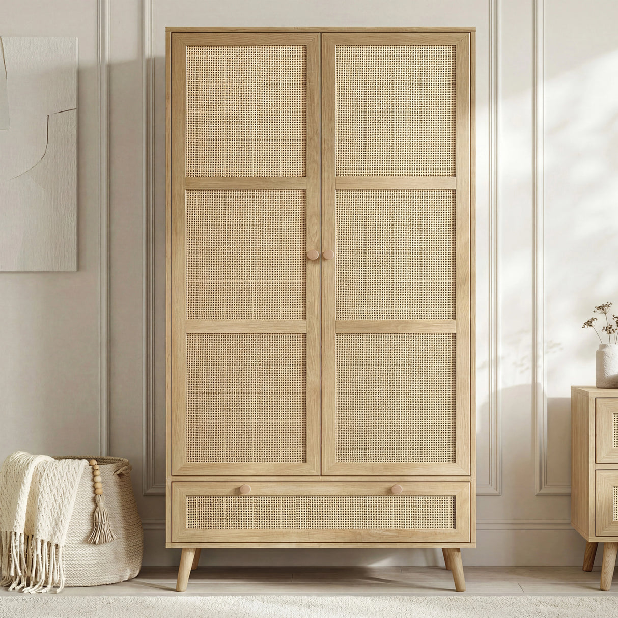 [Oak Effect] Wovena wardrobe front view with six rattan-panel door sections, oak knobs, bottom drawer, and tapered oak legs