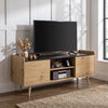[Oak] Larvik TV Unit Cabinet with Storage for TVs up to 50" - Natural styled with a TV on top in a bright living room.