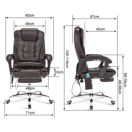 Office chair with back support massage feature, showing chair dimensions for reference.