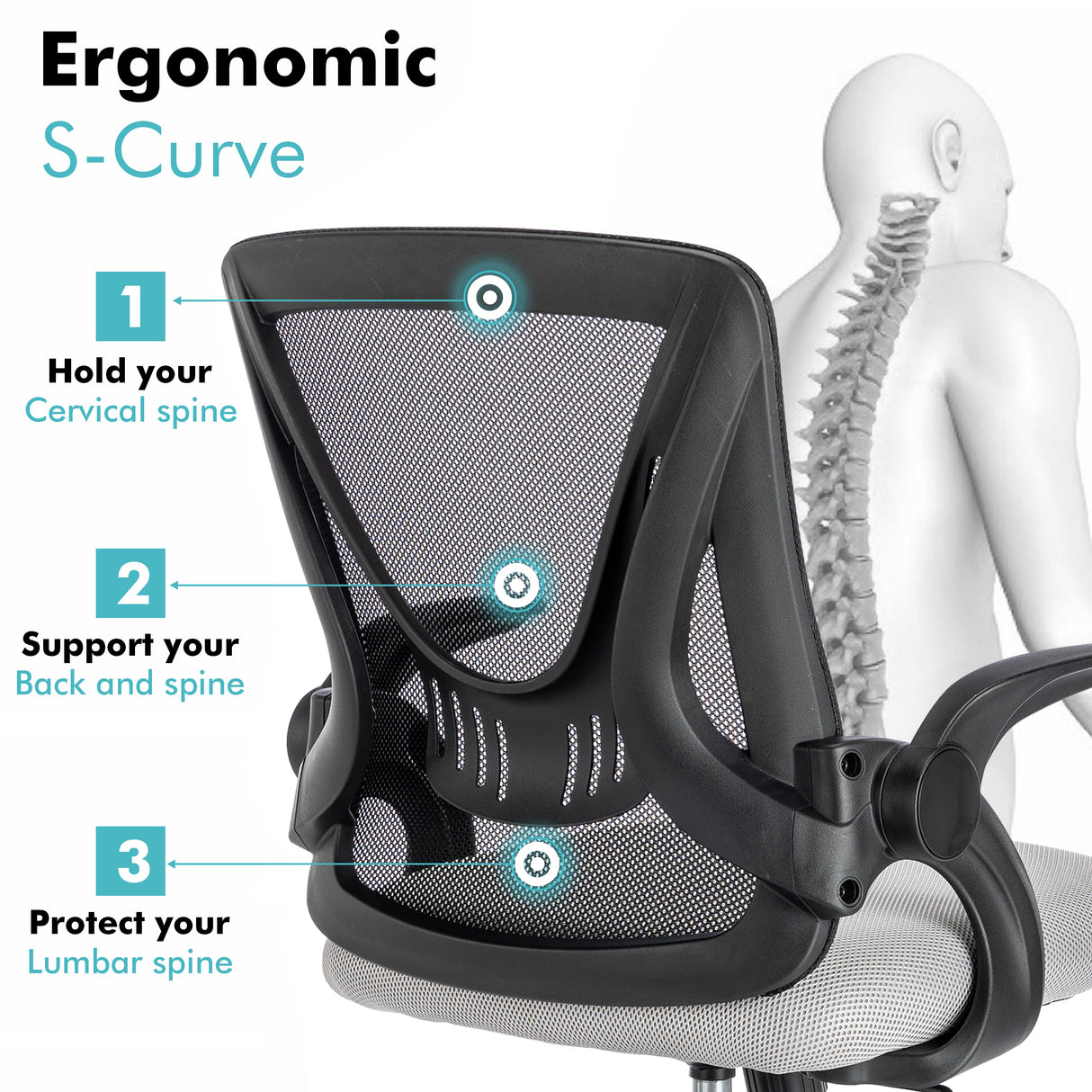 Office chair for small spaces with an ergonomic S-curve design for optimal lumbar support.