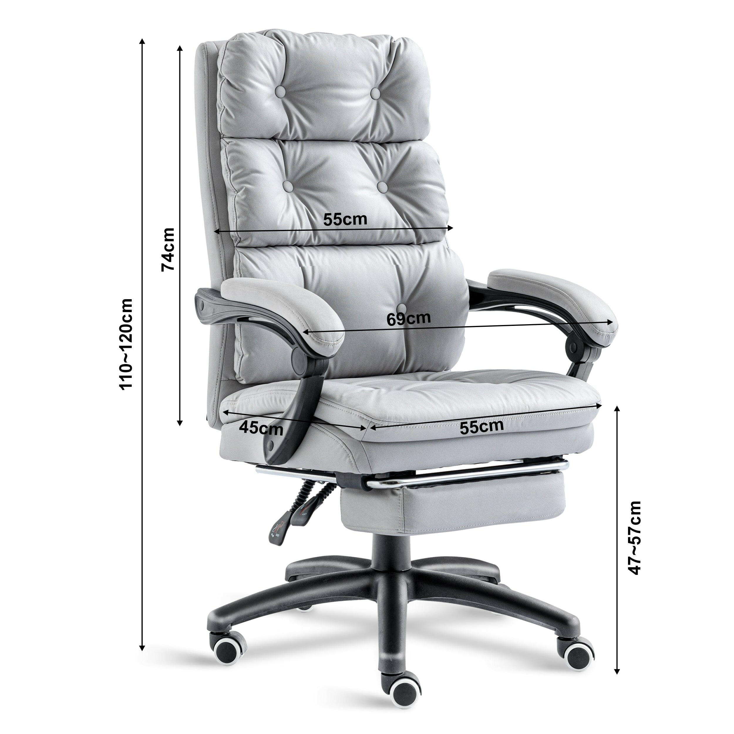 Grey office chair with modern design, 69" W x 45" D x 110"-120" H, lumbar support, swivel base.