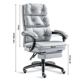 Grey office chair with modern design, 69" W x 45" D x 110"-120" H, lumbar support, swivel base.