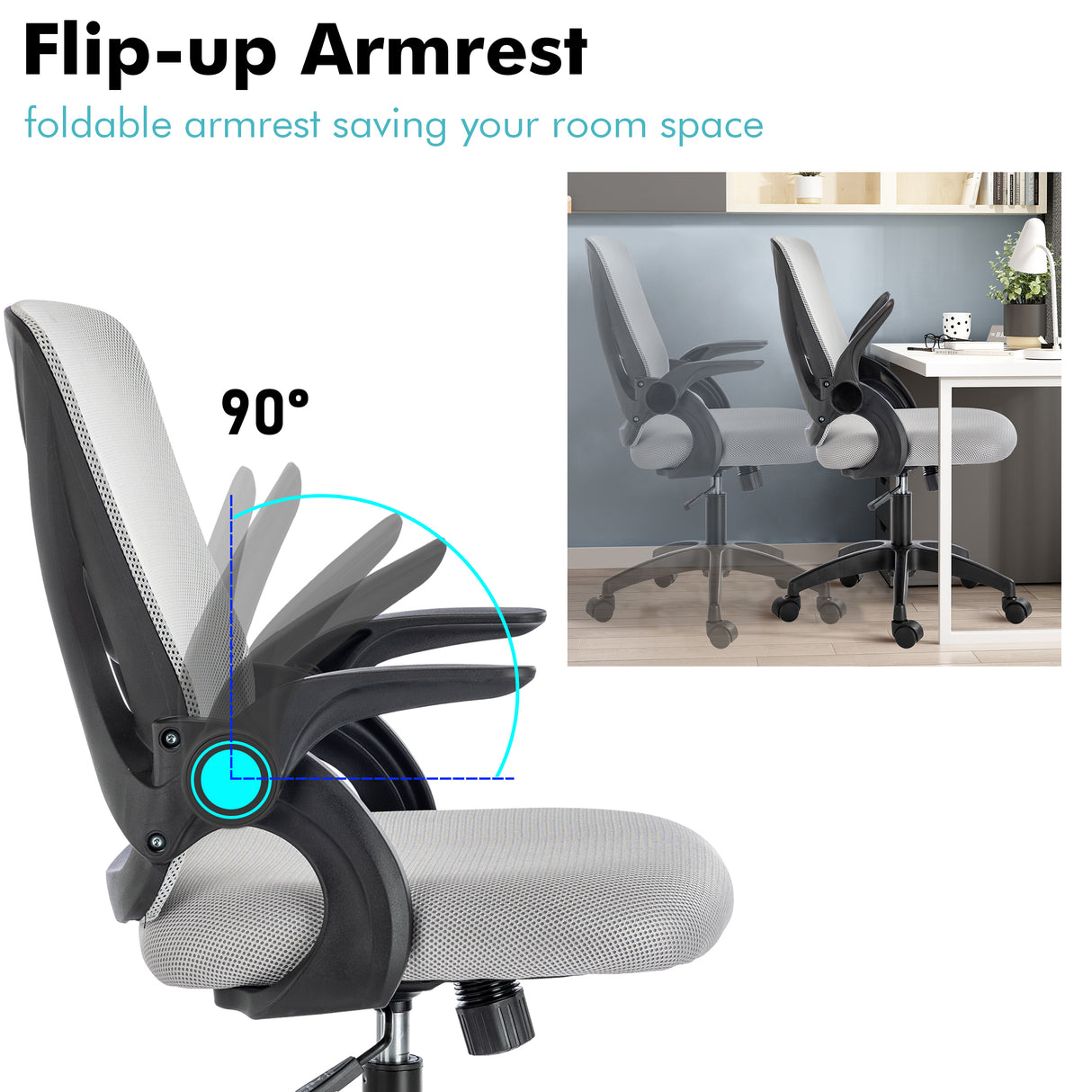 Small office chair with flip-up armrests for space-saving and versatile use.