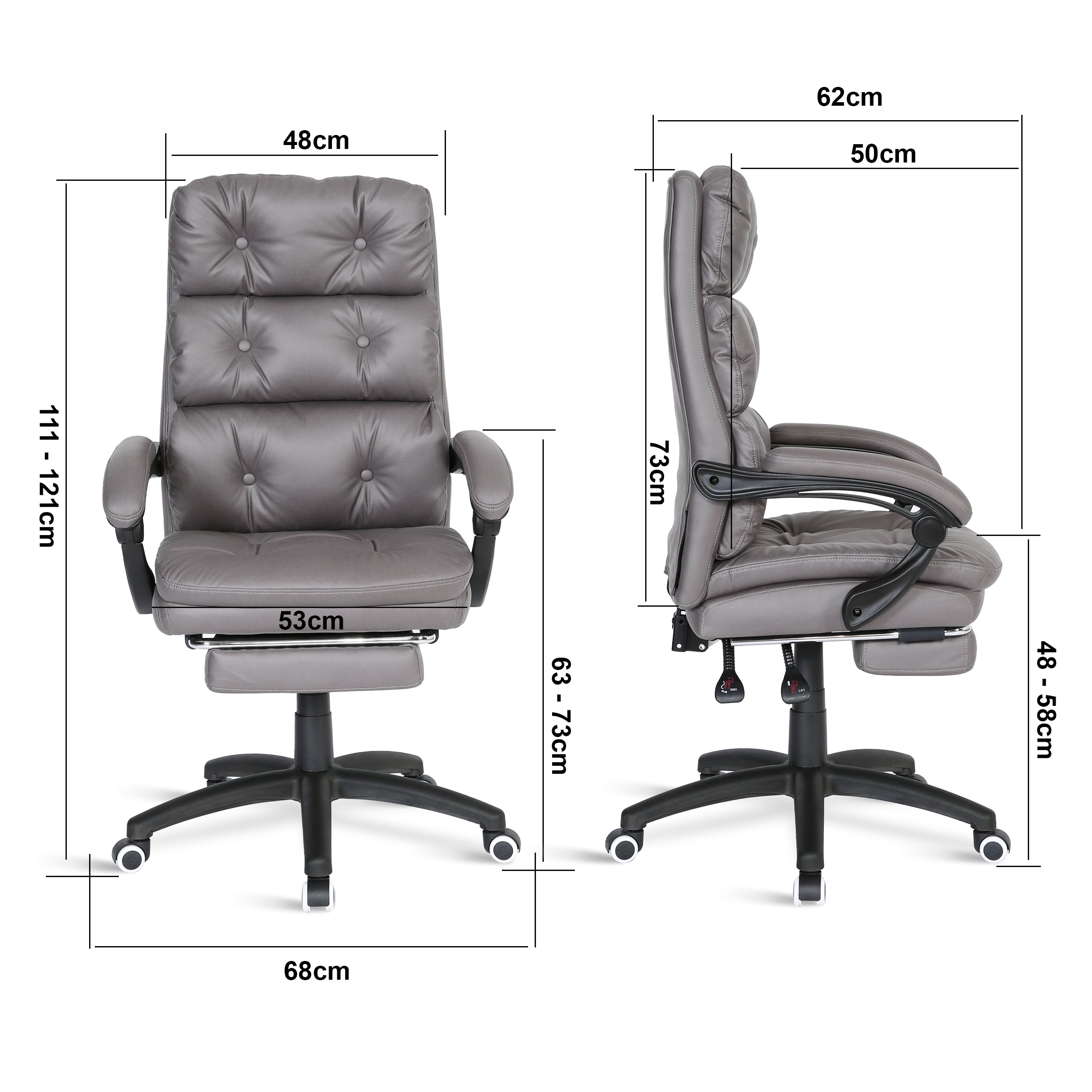 Ergonomic office chair, UK, 68cm(W), 111-121cm(H), 50cm(D), seat width 53cm, adjustable comfort.